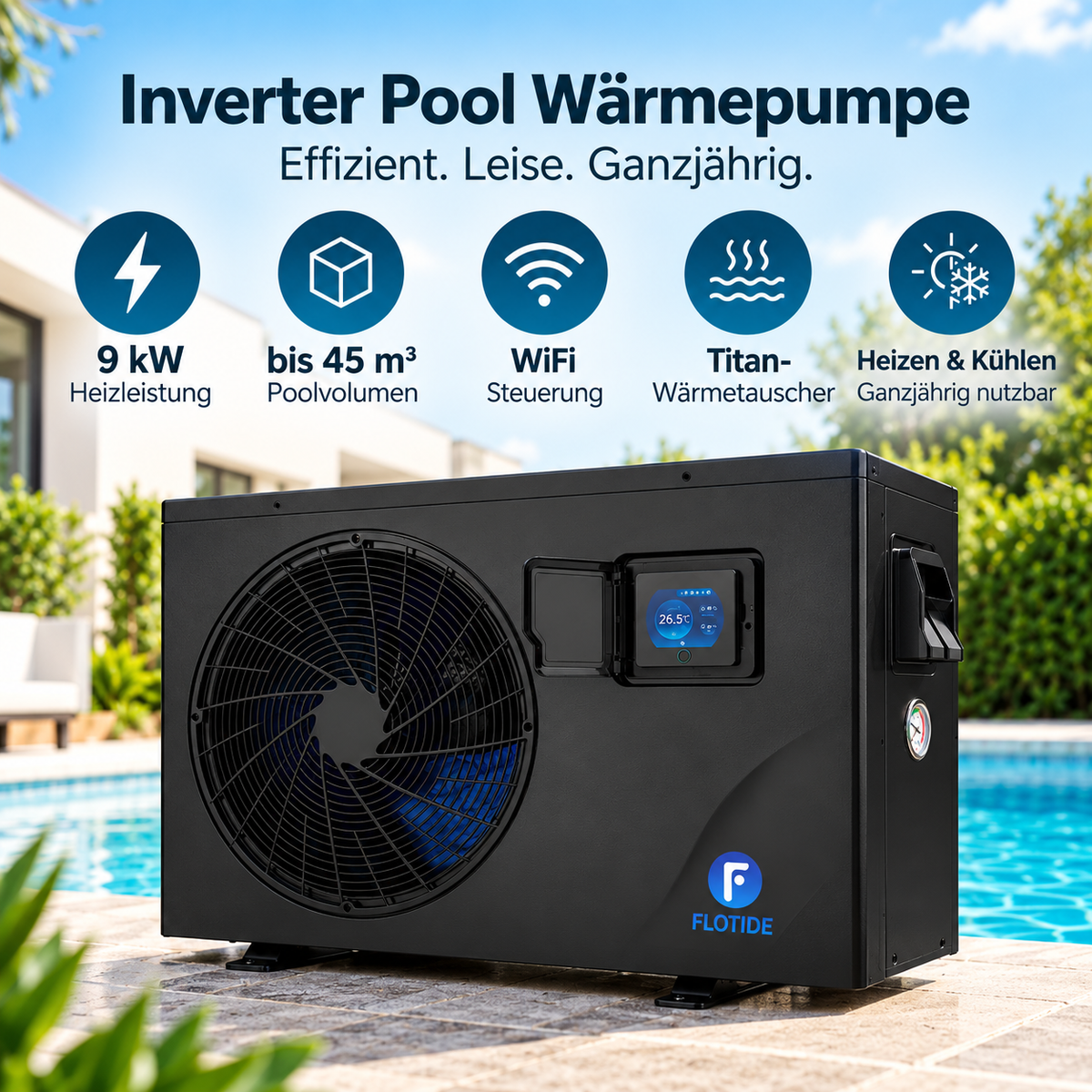 Inverter Pool Wärmepumpe 9 kW – WiFi | bis 45 m³