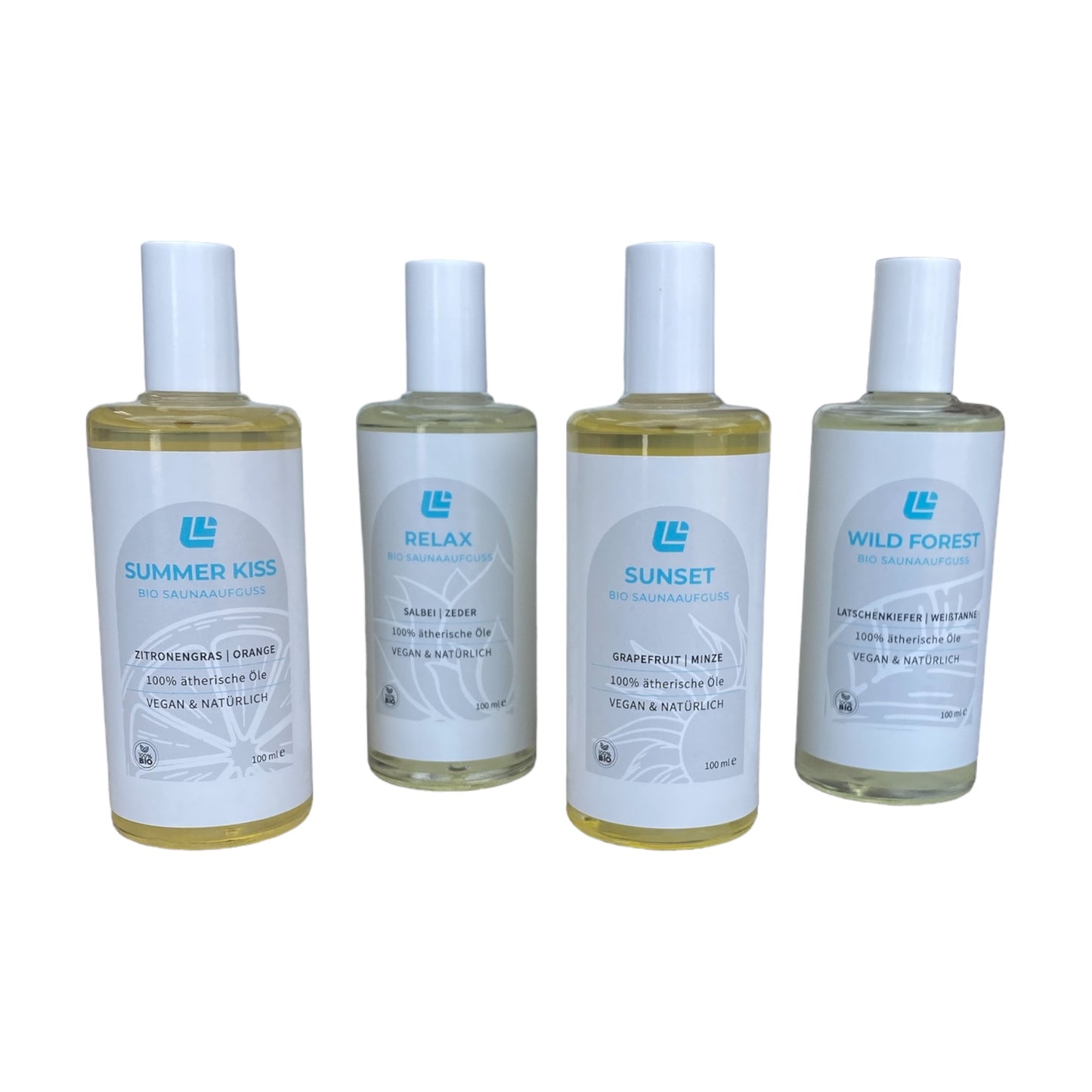 Bio Saunaaufguss 4er Set | 100% ätherische Öle | 4 x 100 ml | Vegan & Natürlich | Saunadüfte | Saunaöle | Premium Qualität